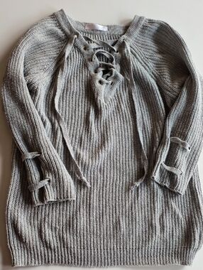 Grey Lace-Up Rib Knit Women's Sweater